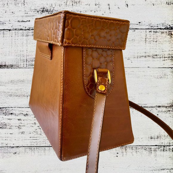 Linea Gani Brown Leather Hard Case Handbag Vintage 70's Crossbody Croc Trim - Picture 8 of 15